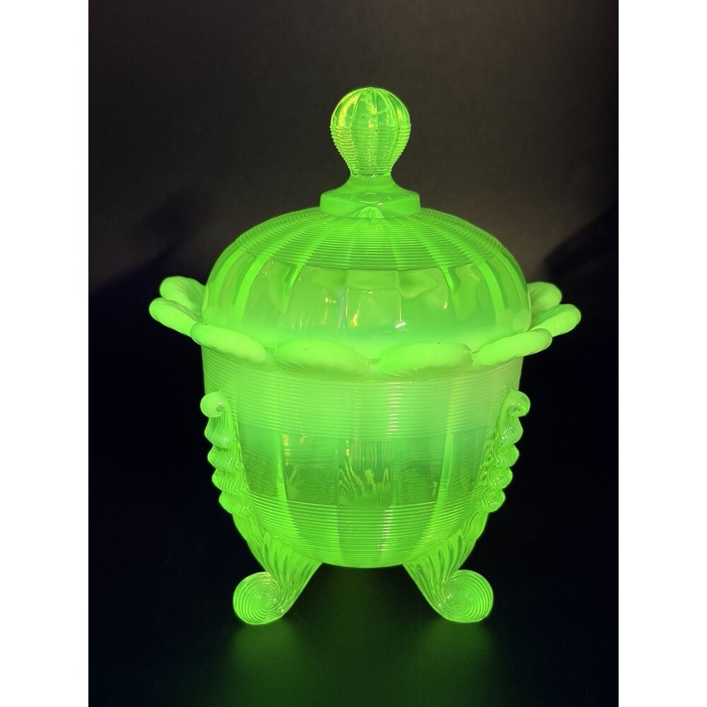 Vintage Northwood Klondyke Footed Vaseline Uranium Green Spooner W/Lid!